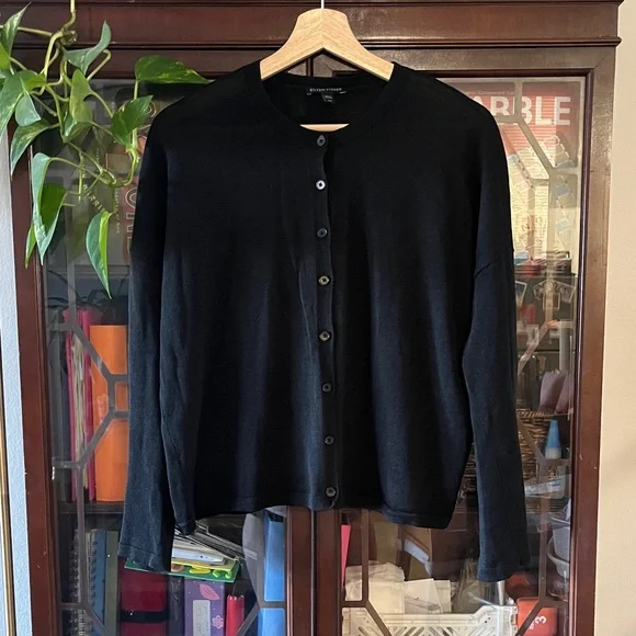Eileen Fisher Women’s Small Petite Black Linen/Cotton Blend Button-Up Cardigan - Picture 1 of 4